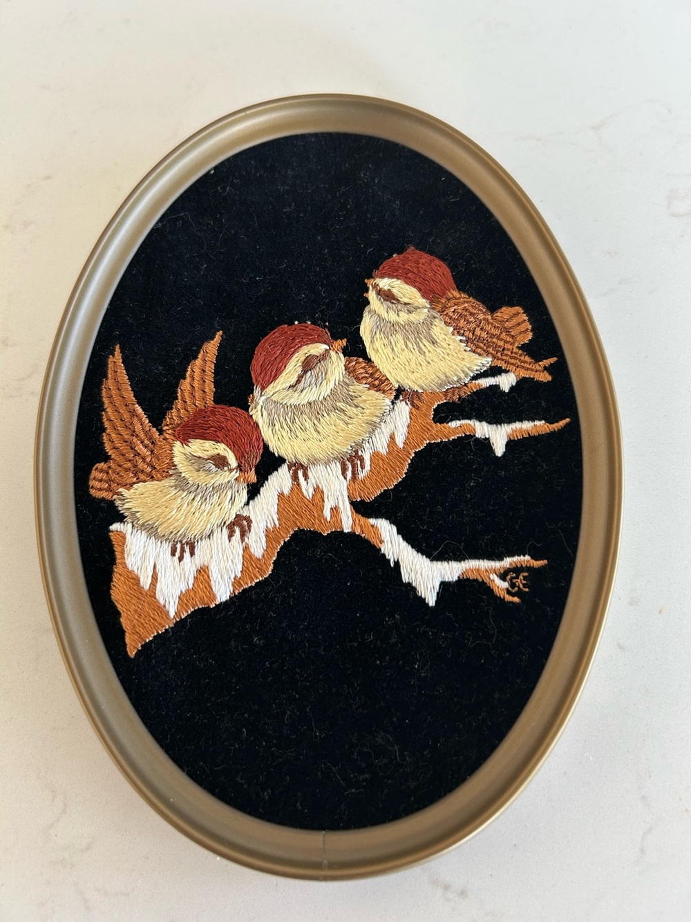 Vintage MCM ( 1970s) Embroidered Sparrow Bird Wall Art.